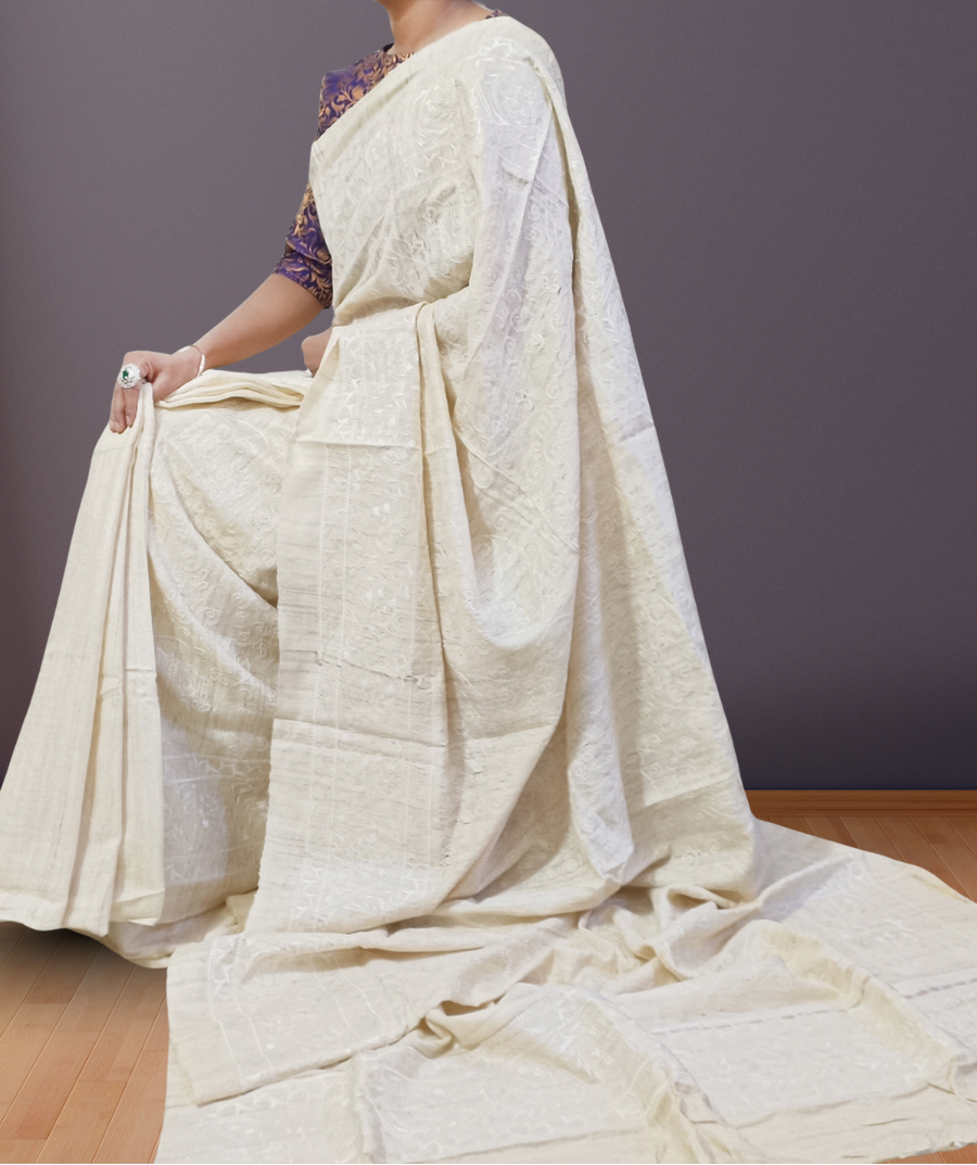 Off-white Embroidered Ghicha Silk Saree