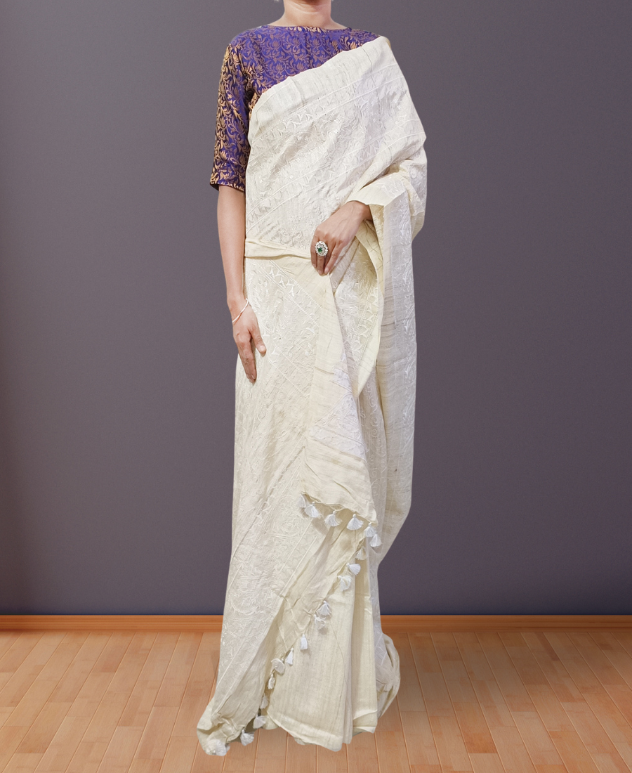 Off-white Embroidered Ghicha Silk Saree