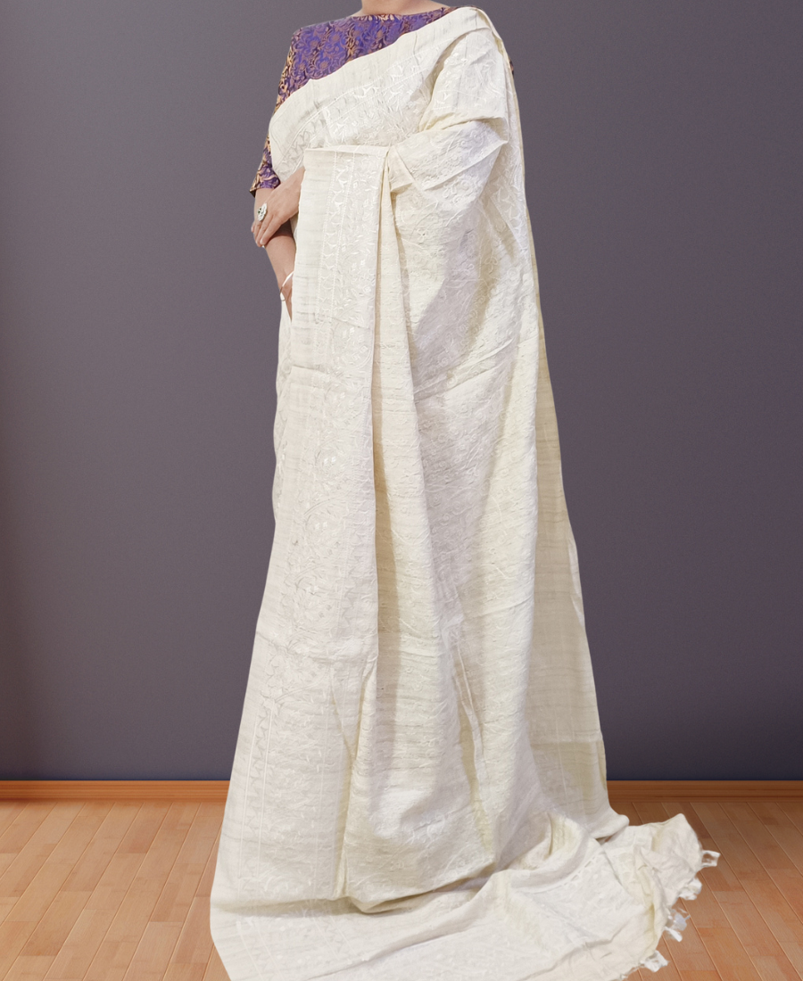 Off-white Embroidered Ghicha Silk Saree