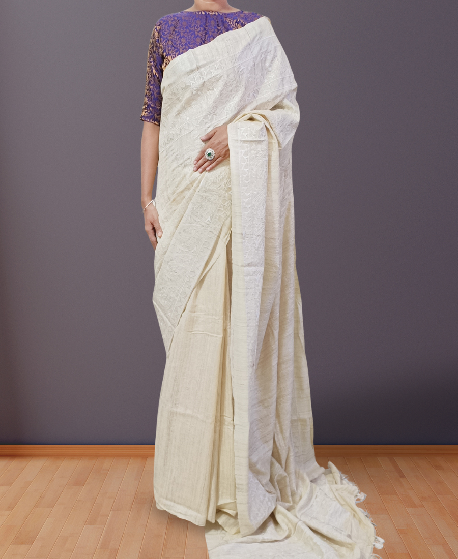 Off-white Embroidered Ghicha Silk Saree