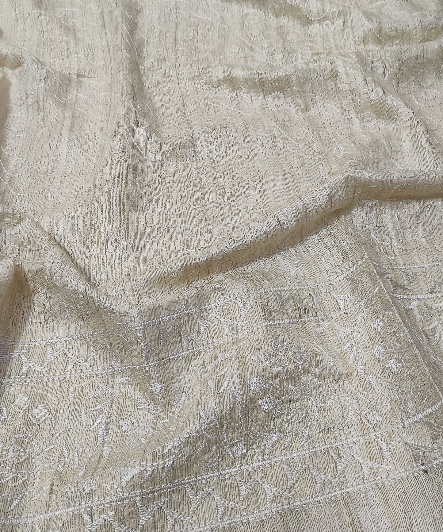 Off-white Embroidered Ghicha Silk Saree
