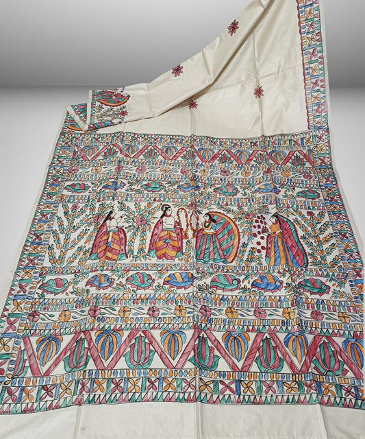 Off-White Hand-Painted Madhubani Pure Tussar Silk Saree | Traditional Village Folk & Lotus Motif Pallu