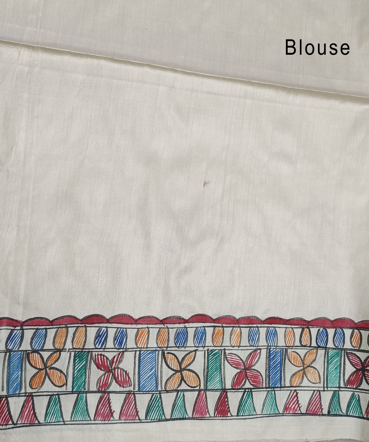 Off-White Hand-Painted Madhubani Pure Tussar Silk Saree | Traditional Village Folk & Lotus Motif Pallu
