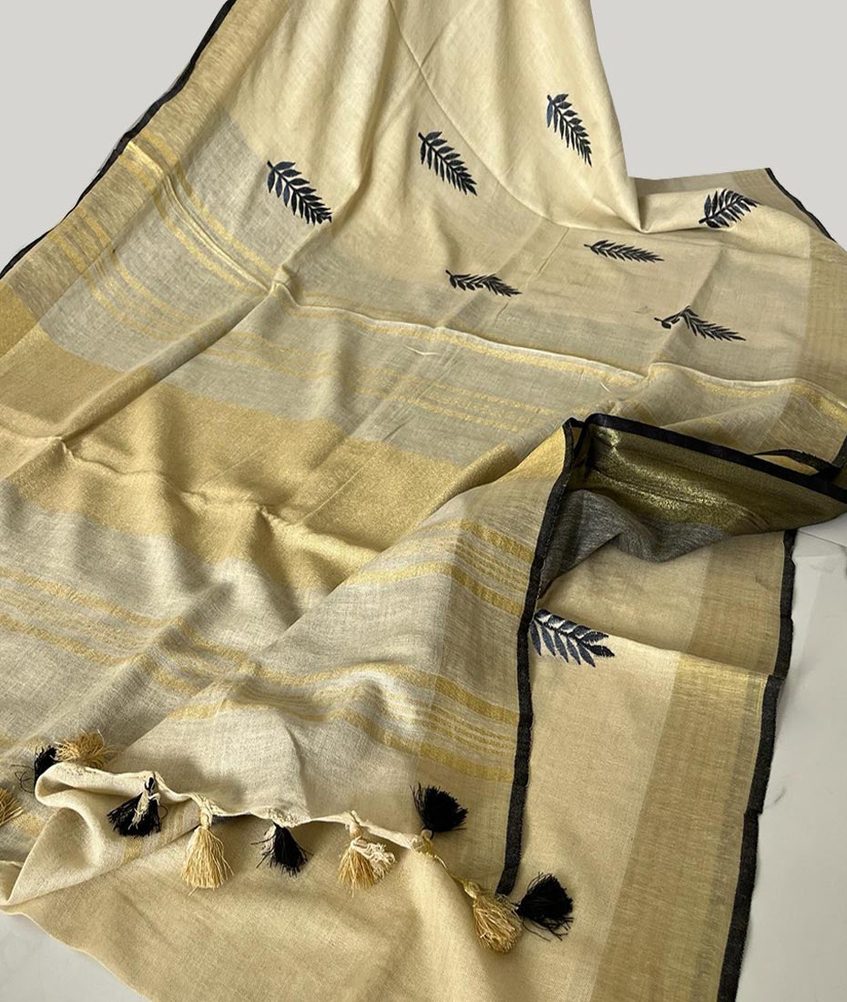 Embroidered Linen Saree | Peepal Clothing