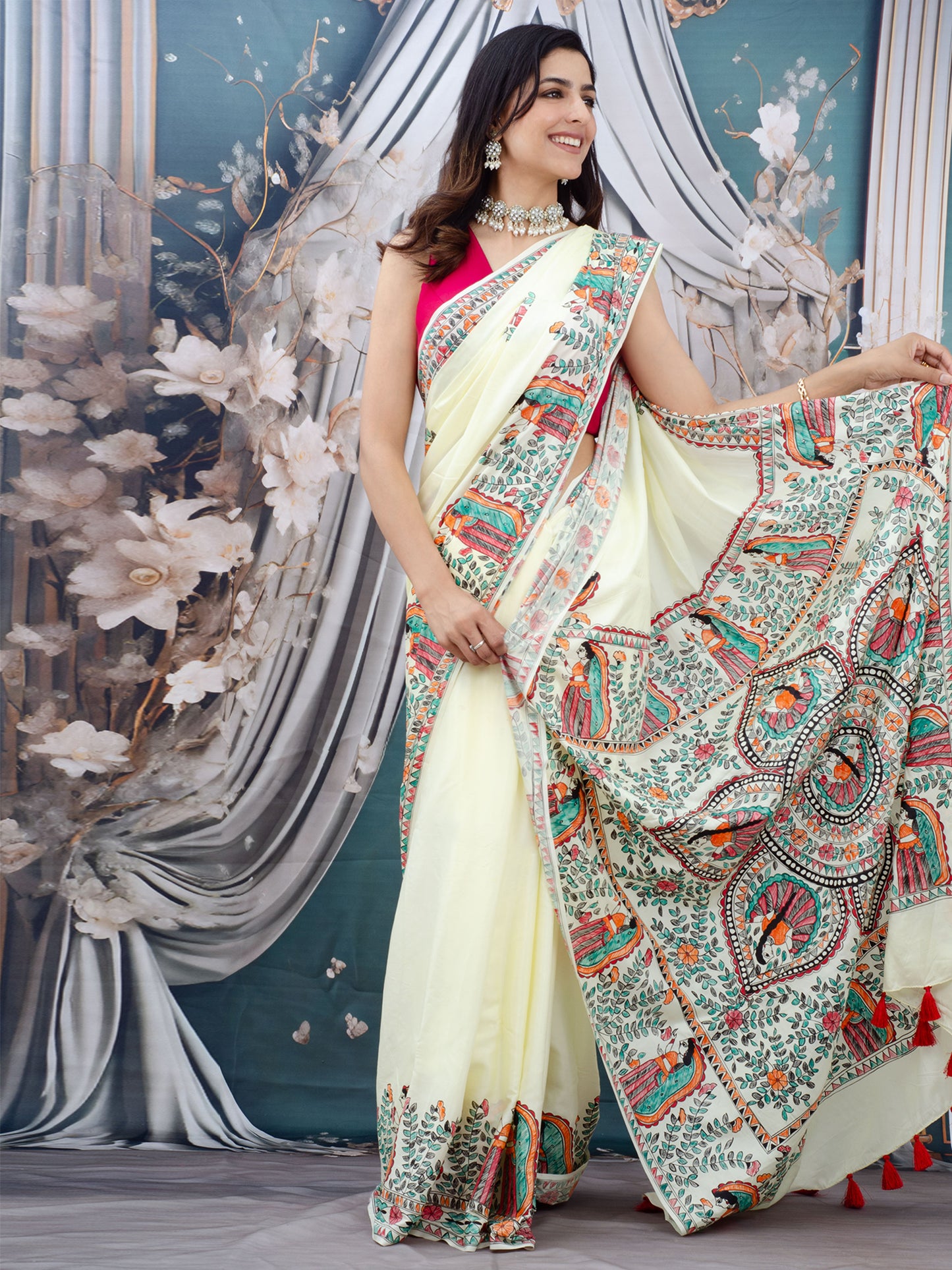 Off-white Madhubani Hand Painted Natural Crepe Saree