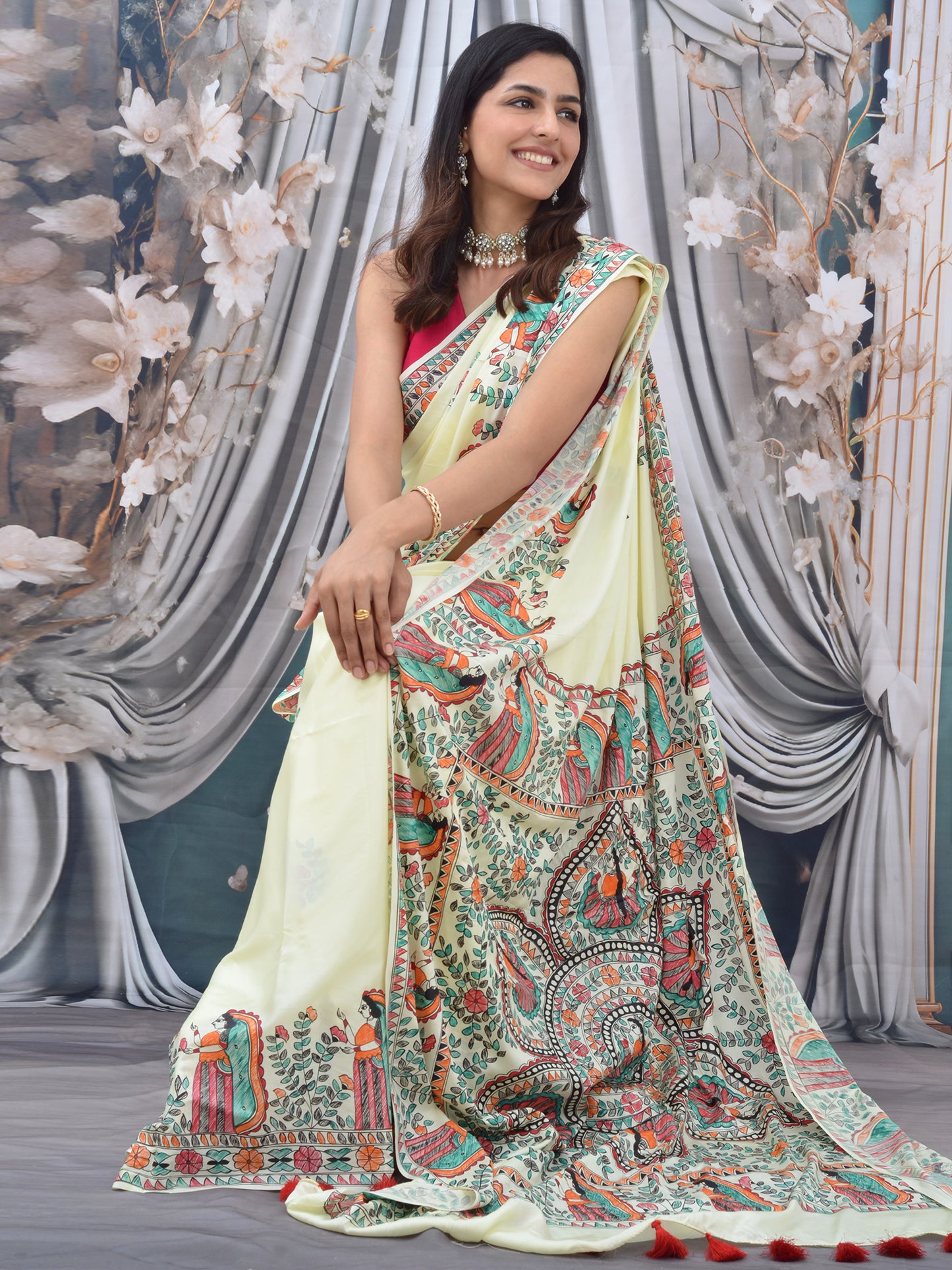 Off-white Madhubani Hand Painted Natural Crepe Saree
