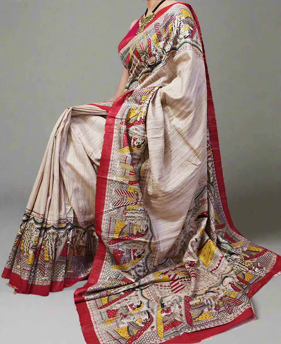 Off-white Radha-Krishna Motif Tussar Ghicha Printed Silk Saree