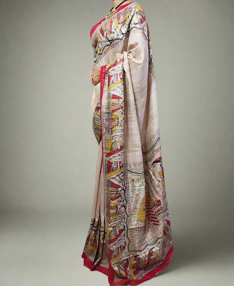 Off-white Radha-Krishna Motif Tussar Ghicha Printed Silk Saree