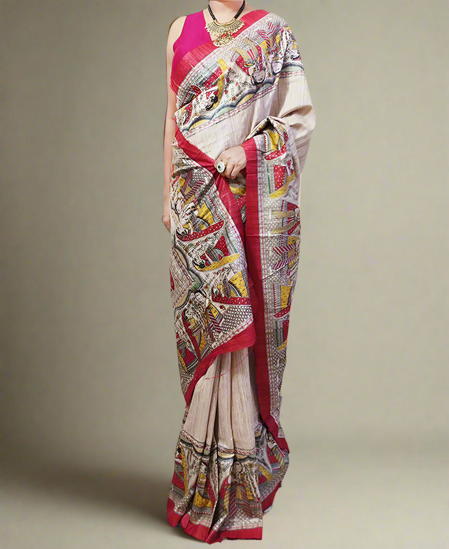 Off-white Radha-Krishna Motif Tussar Ghicha Printed Silk Saree