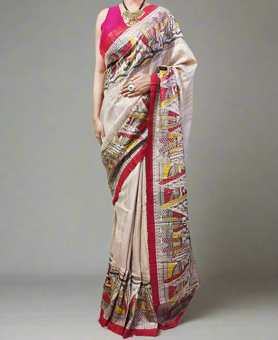 Off-white Radha-Krishna Motif Tussar Ghicha Printed Silk Saree