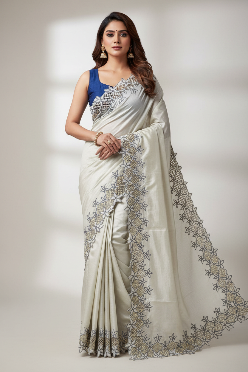 Off-white Cutwork Tussar Silk Saree