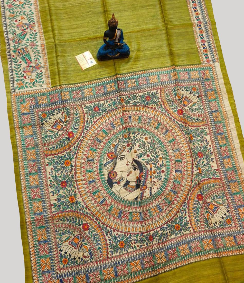 Olive Madhubani Hand Painted Tussar Ghicha Silk Saree | Peepal Clothing