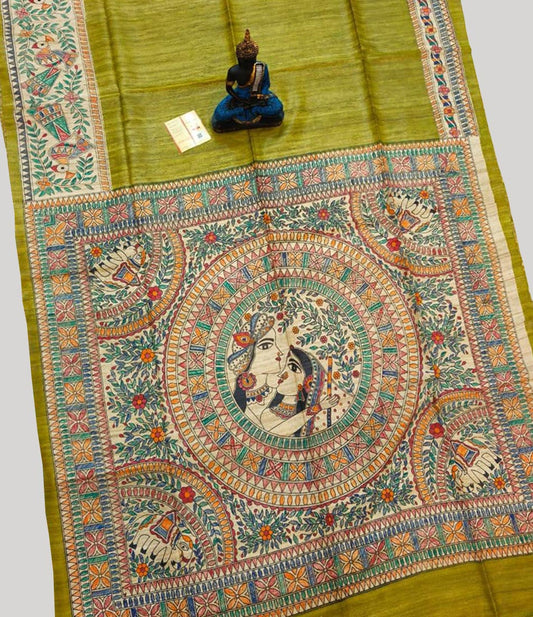 Olive Madhubani Hand Painted Tussar Ghicha Silk Saree | Peepal Clothing