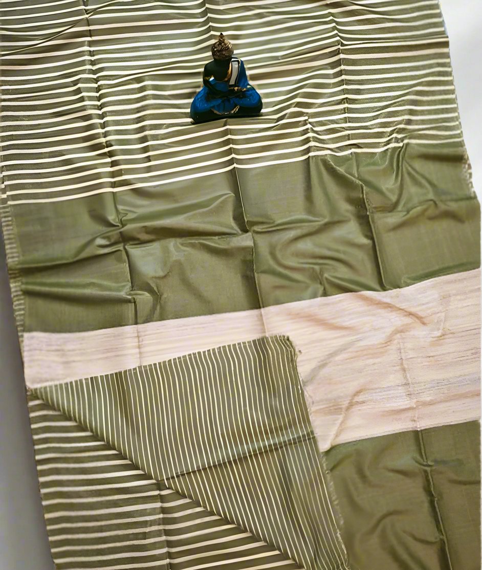 Olive Striped Tusser Ghicha Silk Saree |Peepal Clothing