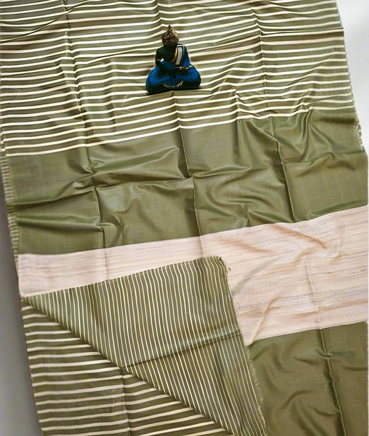 Olive Striped Tusser Ghicha Silk Saree |Peepal Clothing