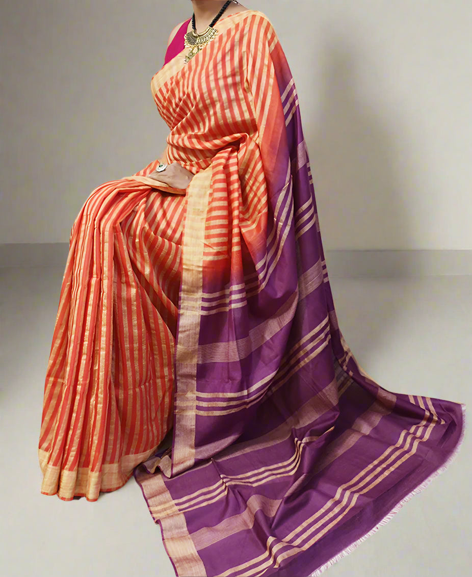 Orange Striped Kota Silk Saree