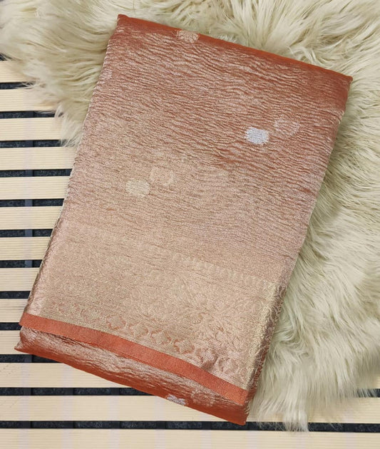 Orange Banarasi Crush Tissue Saree | Peepal Clothing