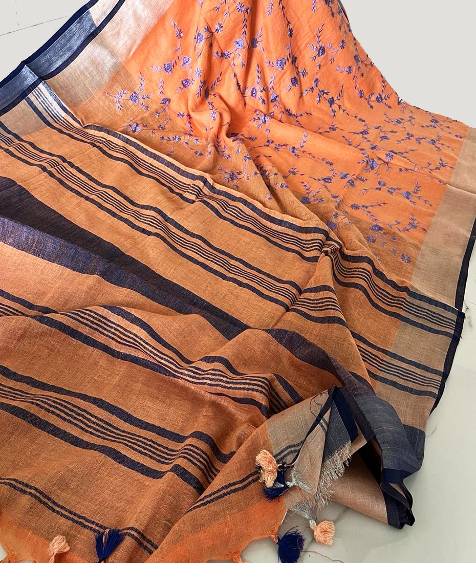 Orange Embroidered Linen Saree | Peepal Clothing