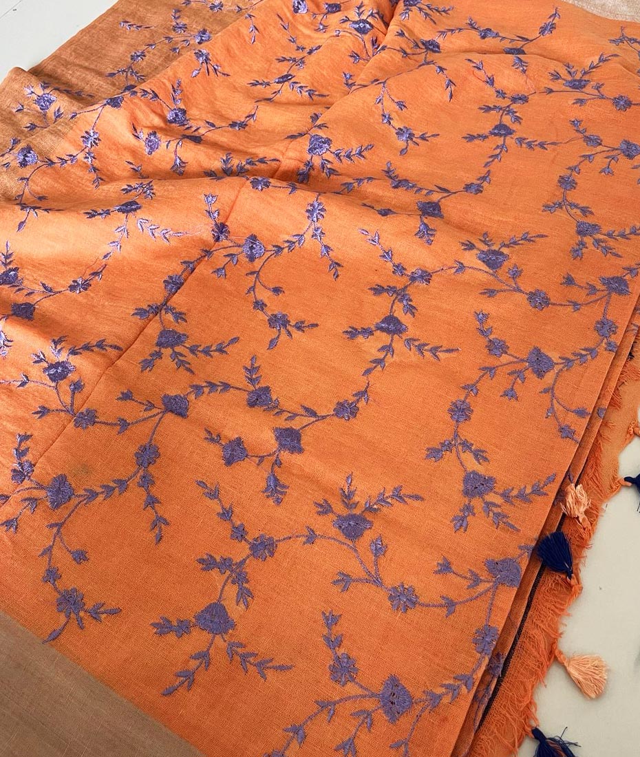 Embroidered Linen Saree | Peepal Clothing