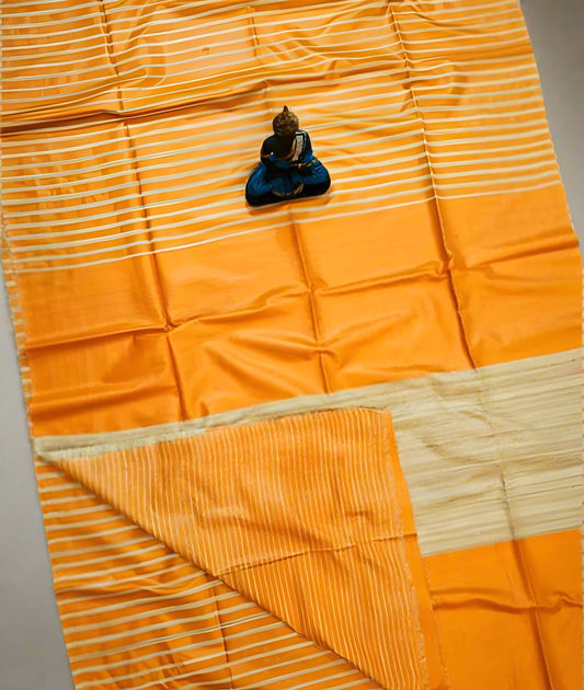Orange Striped Tusser Ghicha Silk Saree |Peepal Clothing