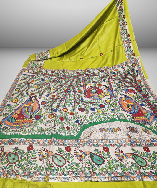 Parrot Green Pure Madhubani Hand Painted Desi Tussar Silk Saree – Handcrafted Devotional Folk Art