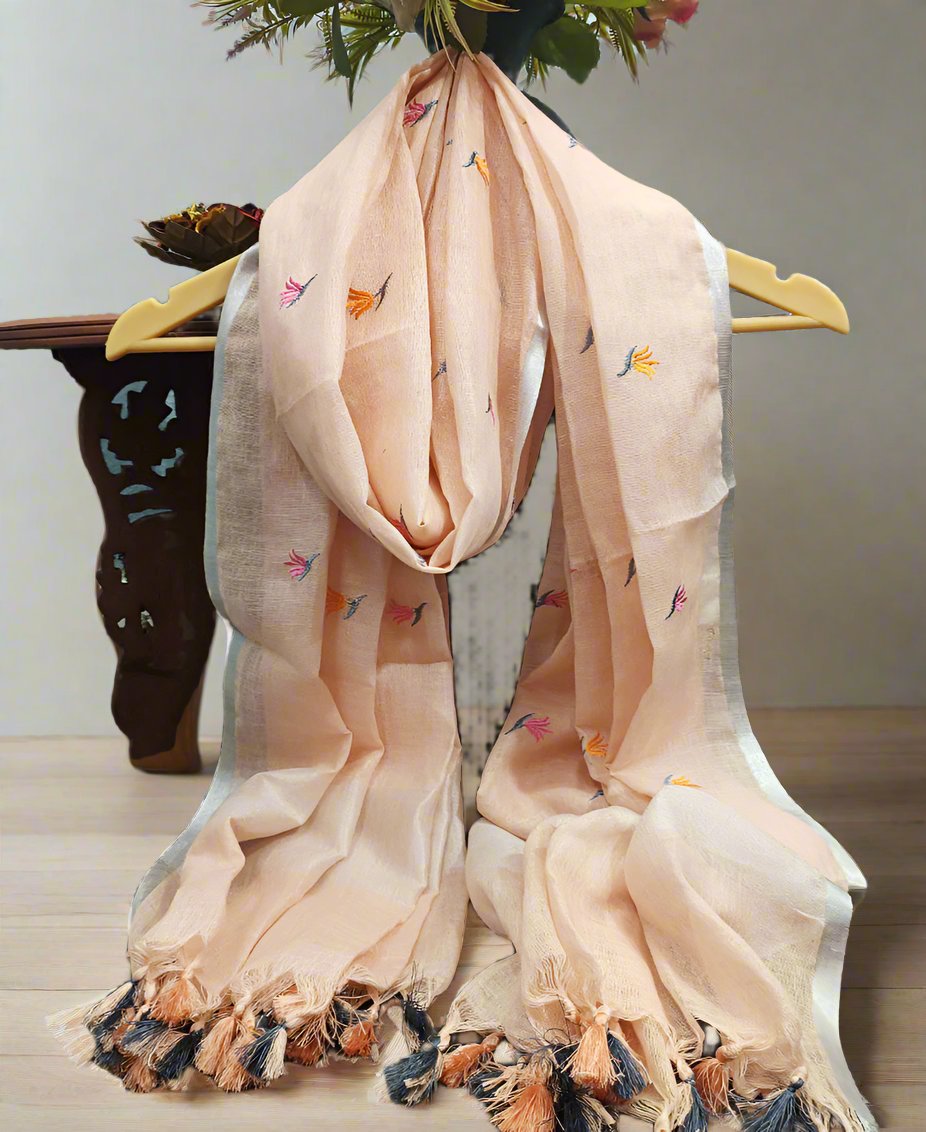 Peach Embroidered Linen Dupatta
