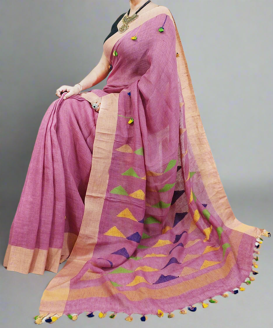 Peach Embroidered Linen Saree