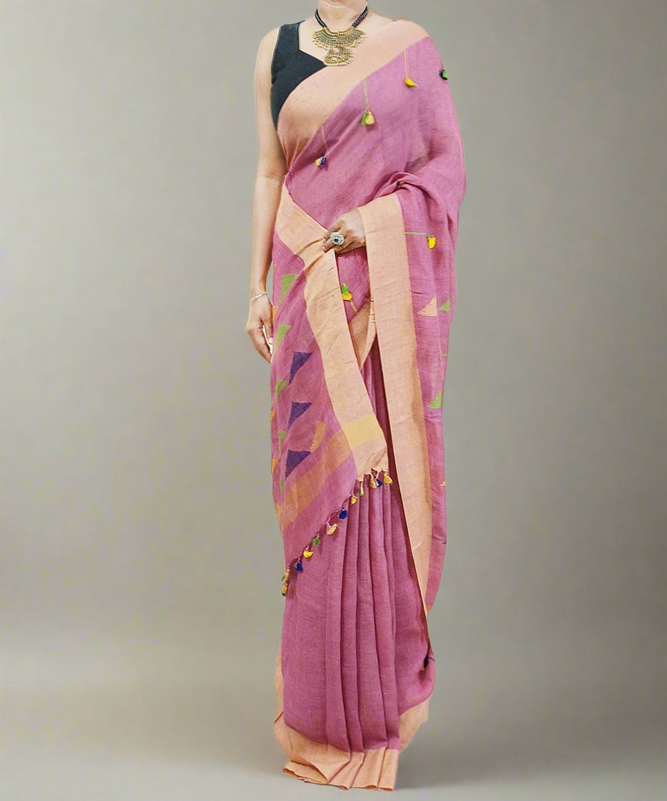 Peach Embroidered Linen Saree
