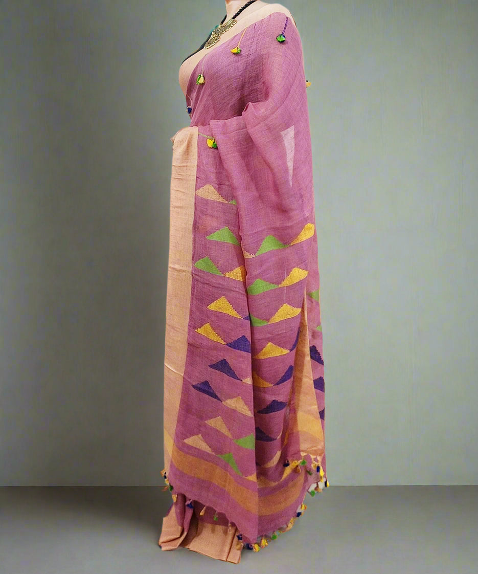 Peach Embroidered Linen Saree