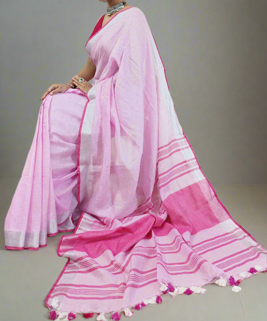 Pink Pure Linen Saree with Silver Zari Border