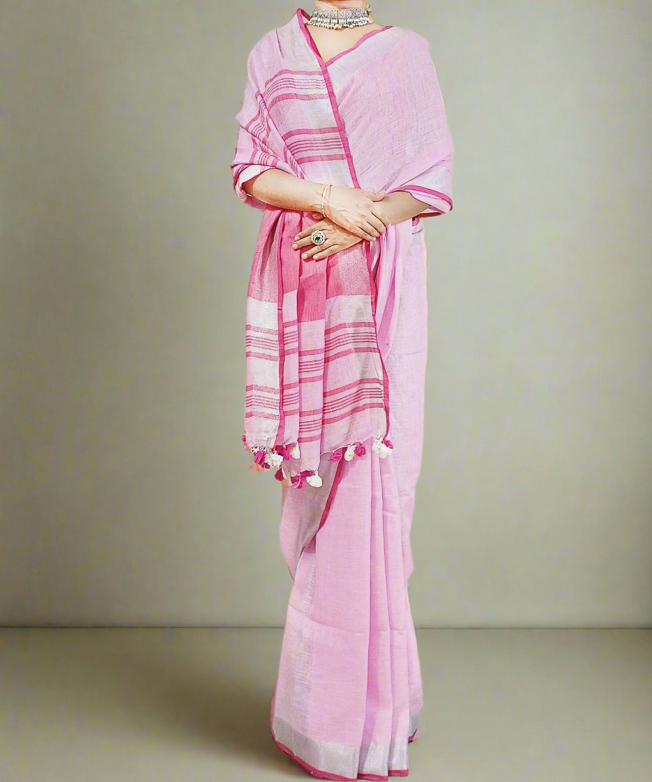 Pink Pure Linen Saree with Silver Zari Border