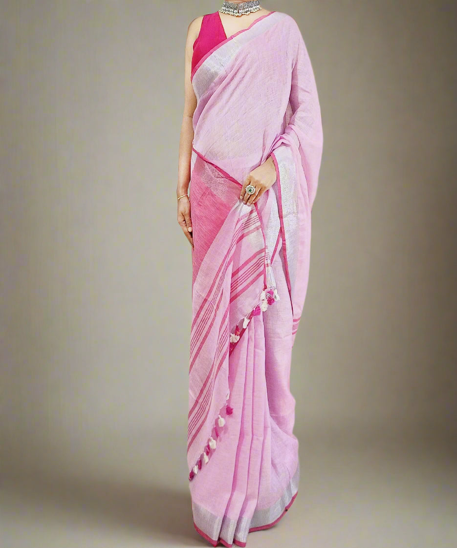 Pink Pure Linen Saree with Silver Zari Border