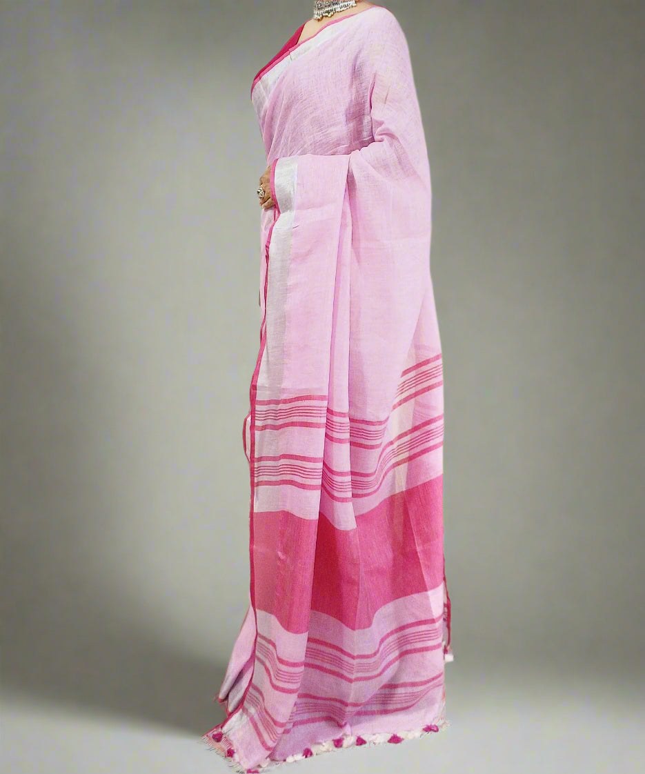 Pink Pure Linen Saree with Silver Zari Border