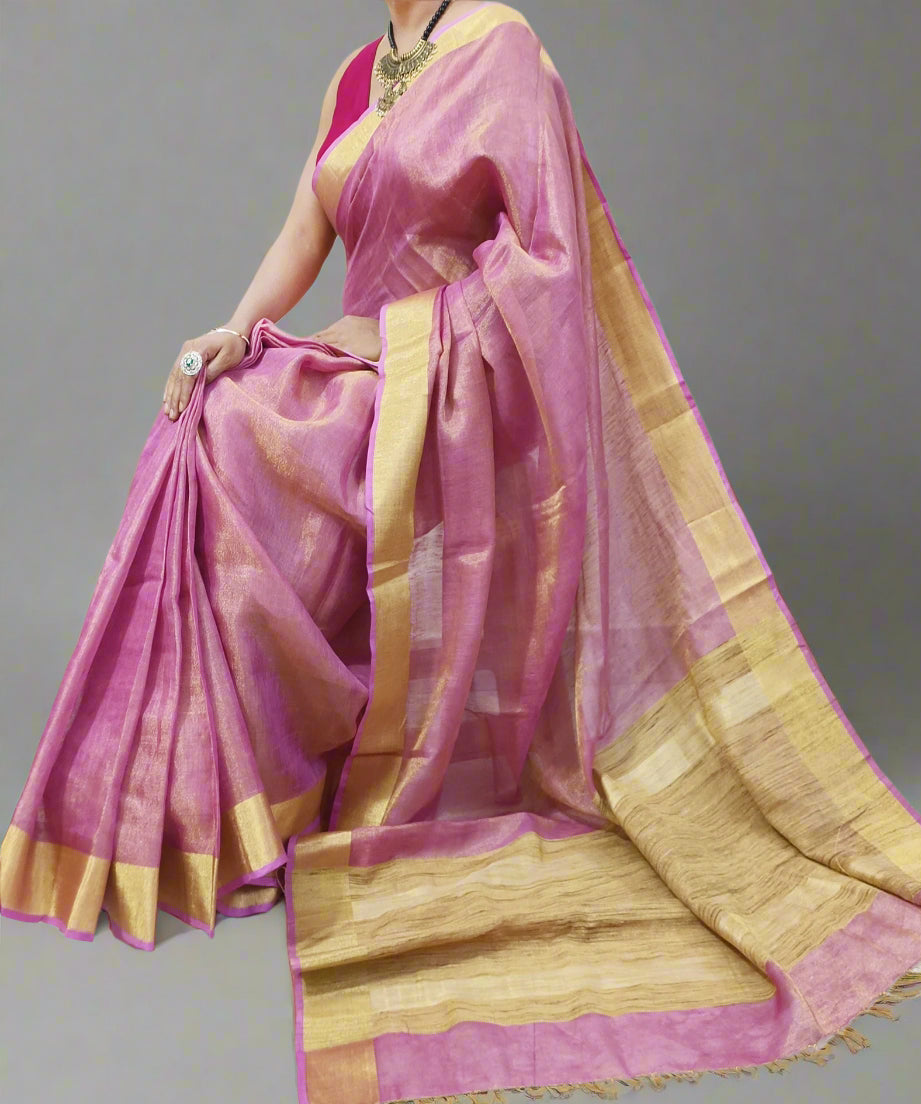Pink Tissue Linen Saree with Zari Border