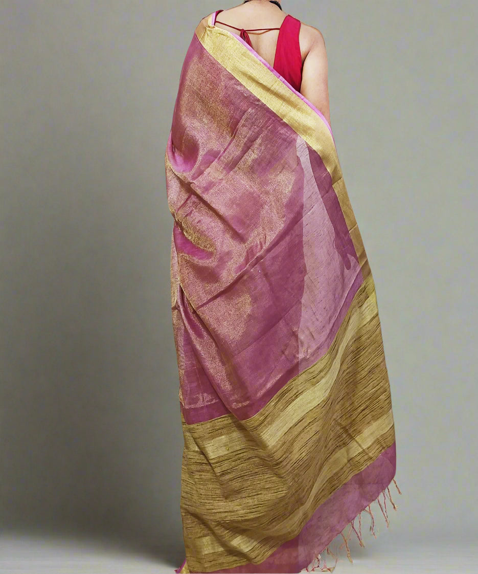 Pink Tissue Linen Saree with Zari Border