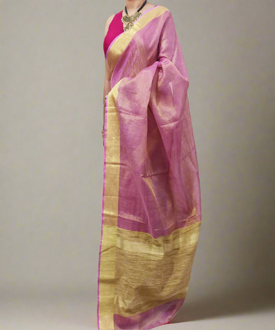 Pink Tissue Linen Saree with Zari Border