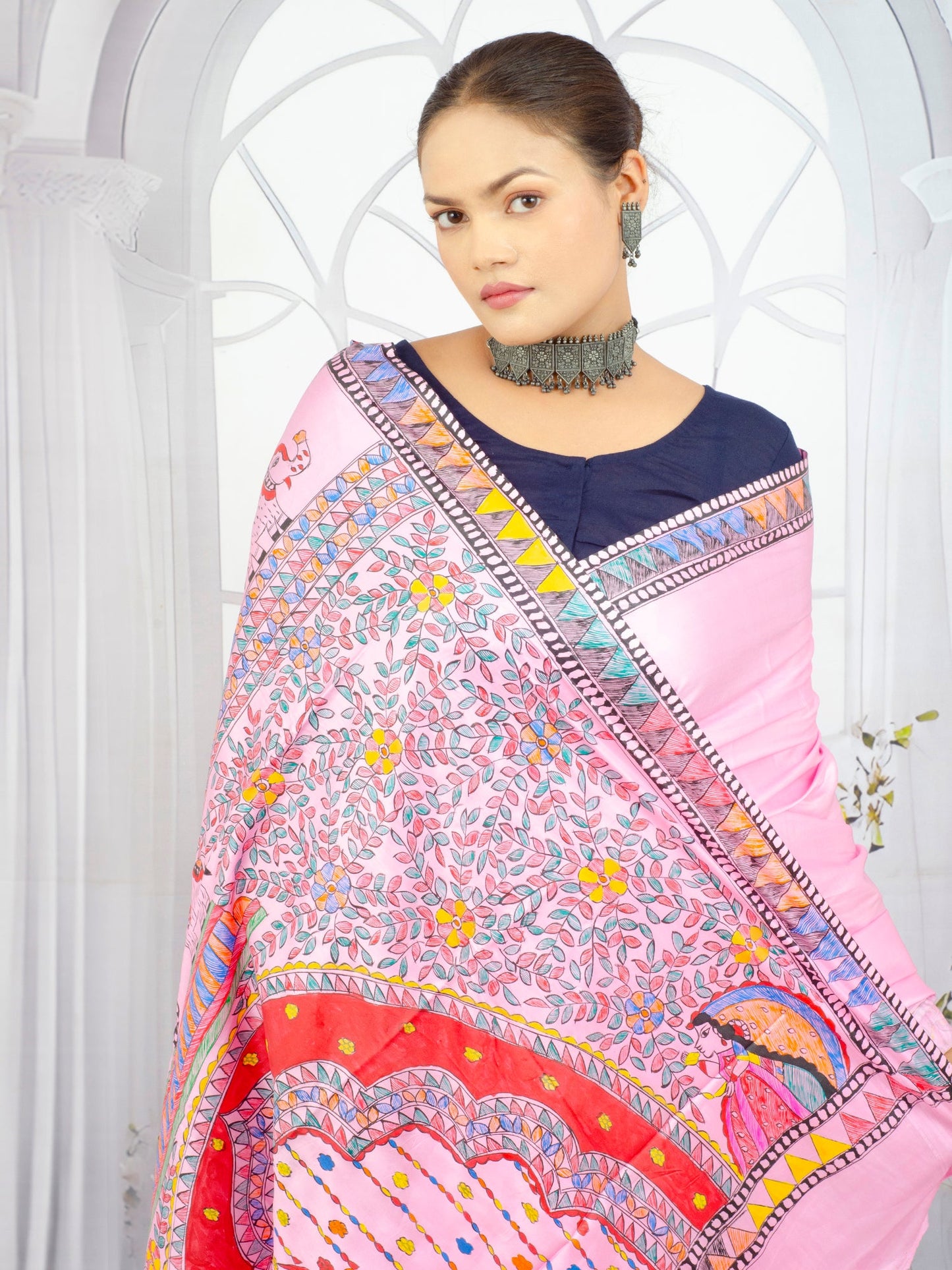 Artisan-made pink Madhubani pure crepe saree for festive wear
