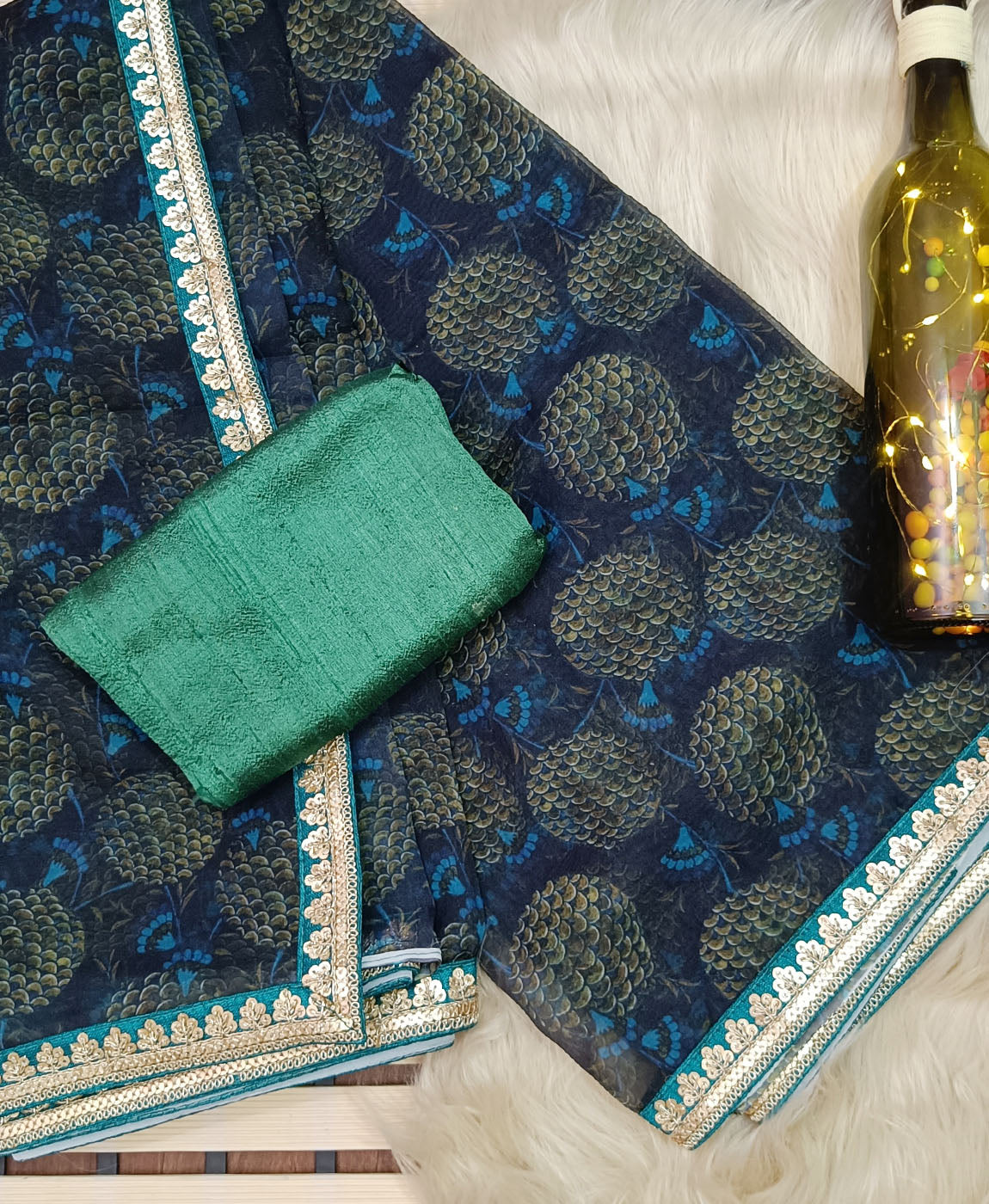 Printed Blue Black Organza Saree