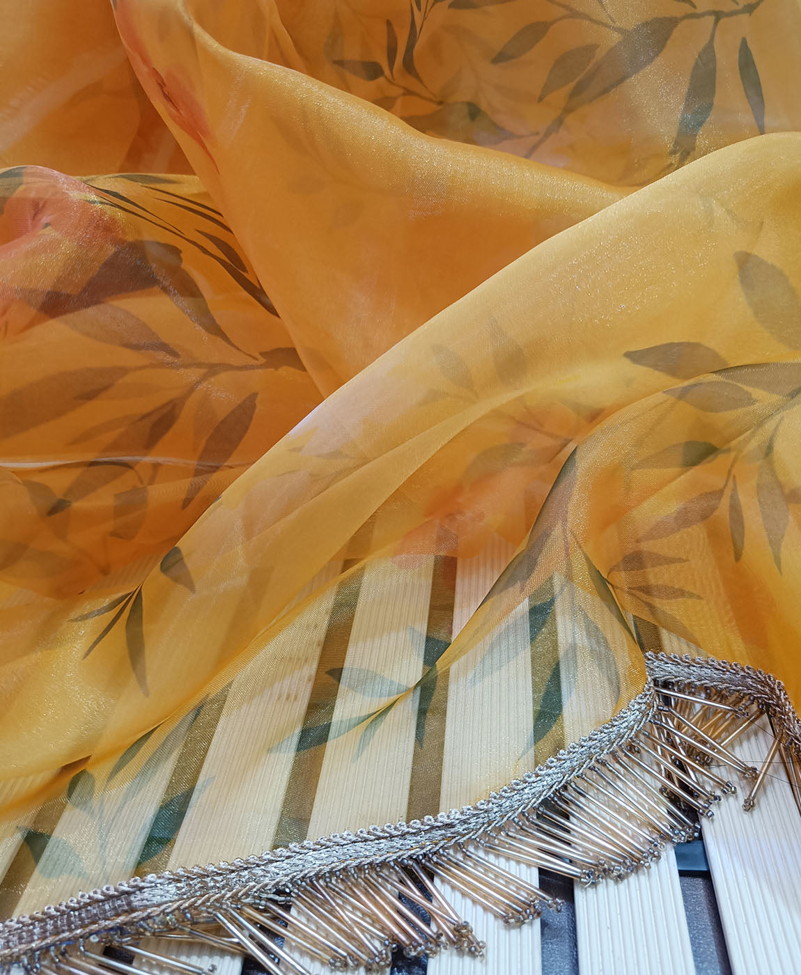 Printed Golden Yellow Organza Saree