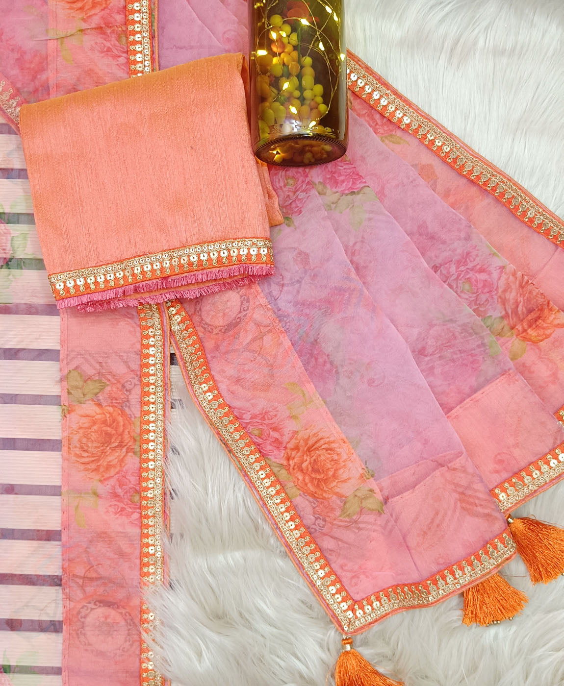 Printed Rose Pink Pure Organza Saree