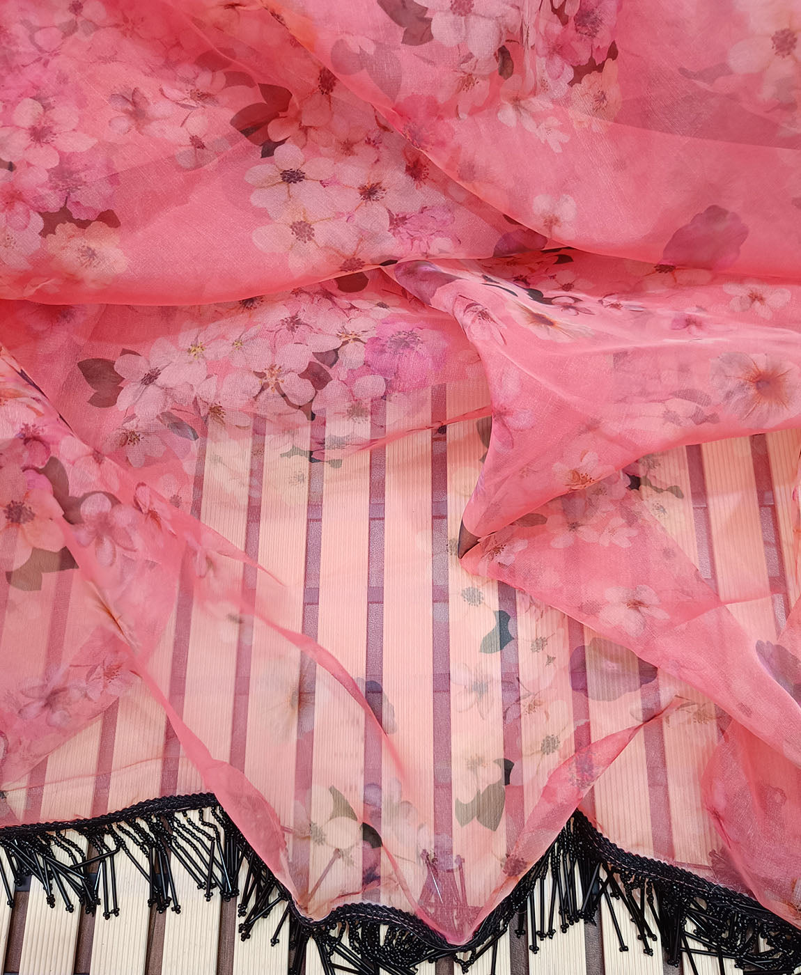 Printed Vermilion Organza Saree