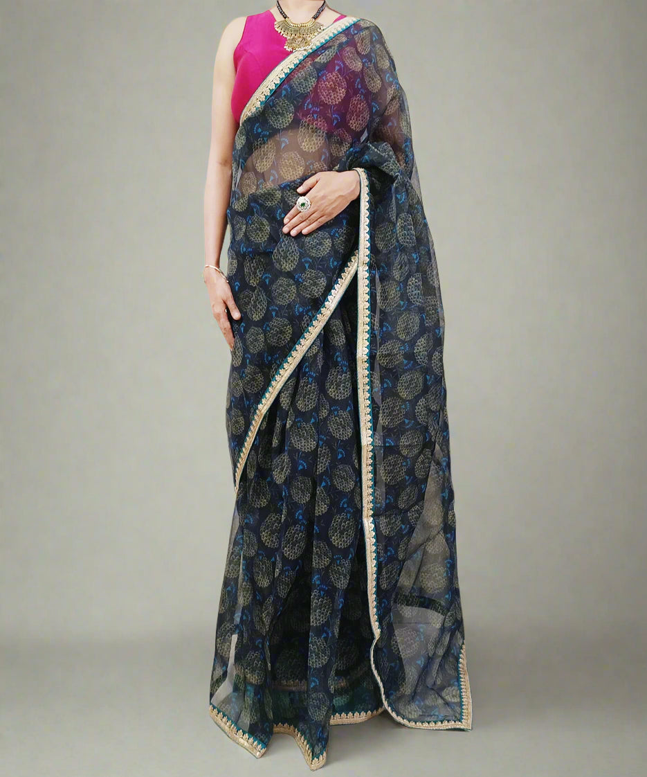 Printed Blue Black Organza Saree2