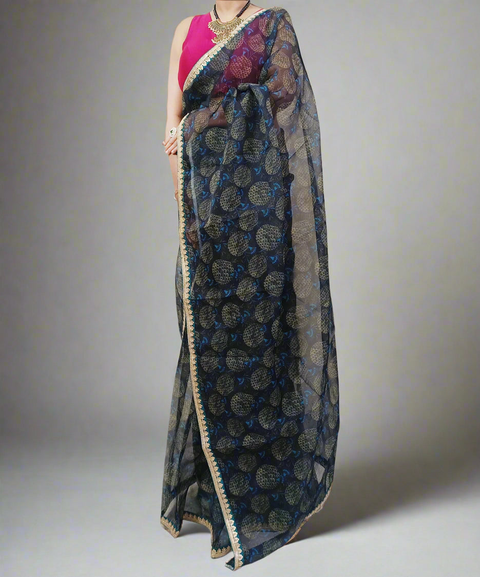 Printed Blue Black Organza Saree3