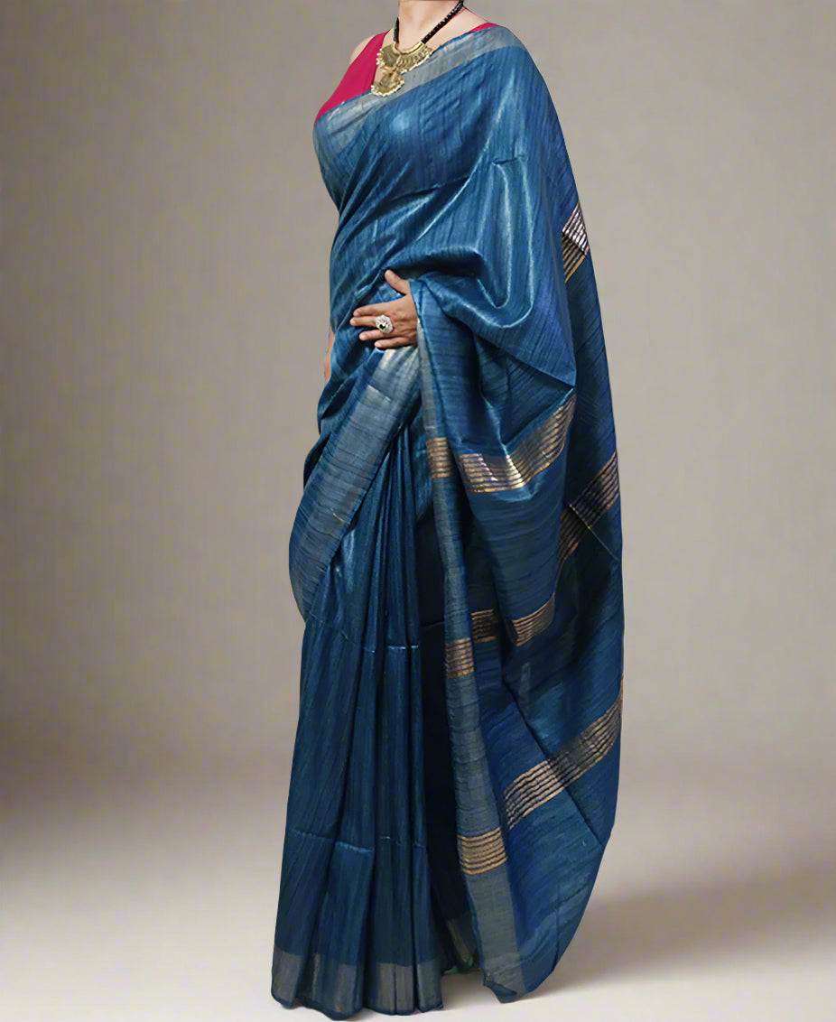 Prussian Blue Handloom Tussar Ghicha Silk Saree