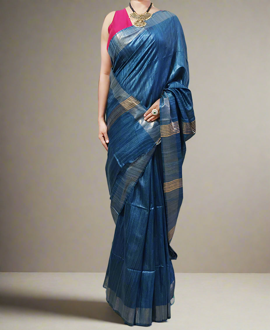 Prussian Blue Handloom Tussar Ghicha Silk Saree