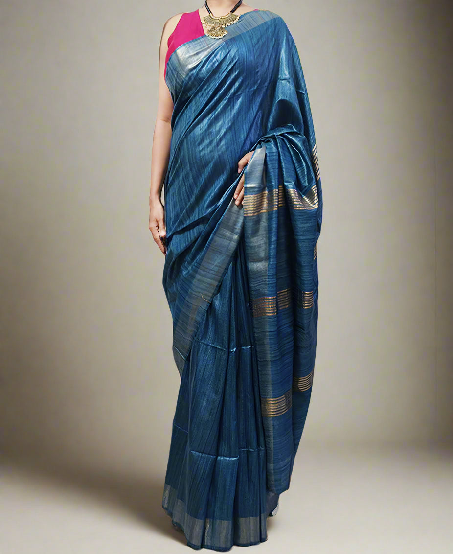 Prussian Blue Handloom Tussar Ghicha Silk Saree