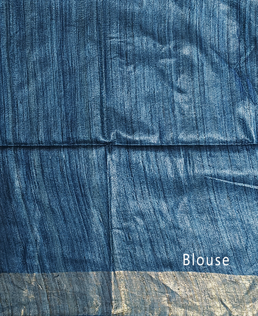 Prussian Blue Handloom Tussar Ghicha Silk Saree