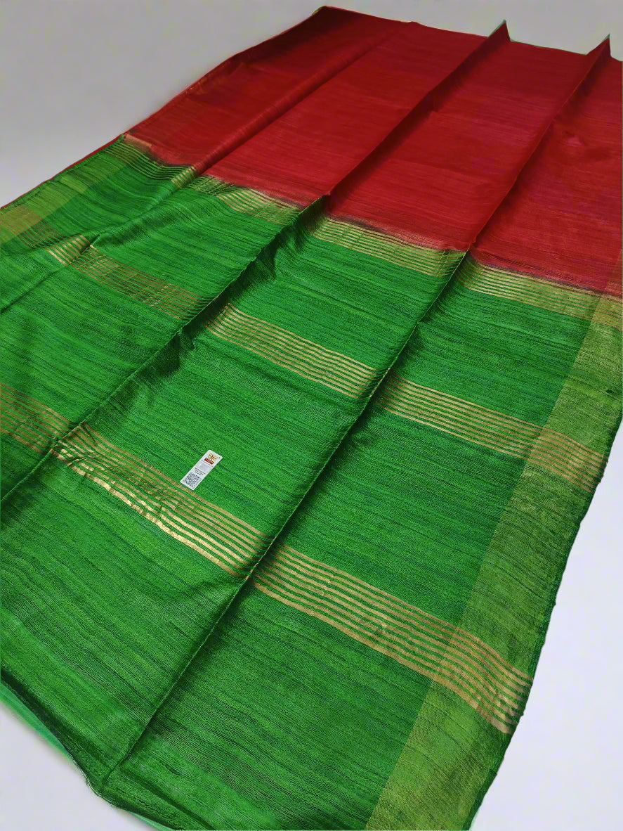 Red And Green Handloon Tussar Ghicha Silk Saree