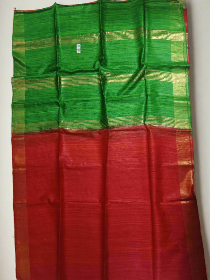Red And Green Handloon Tussar Ghicha Silk Saree