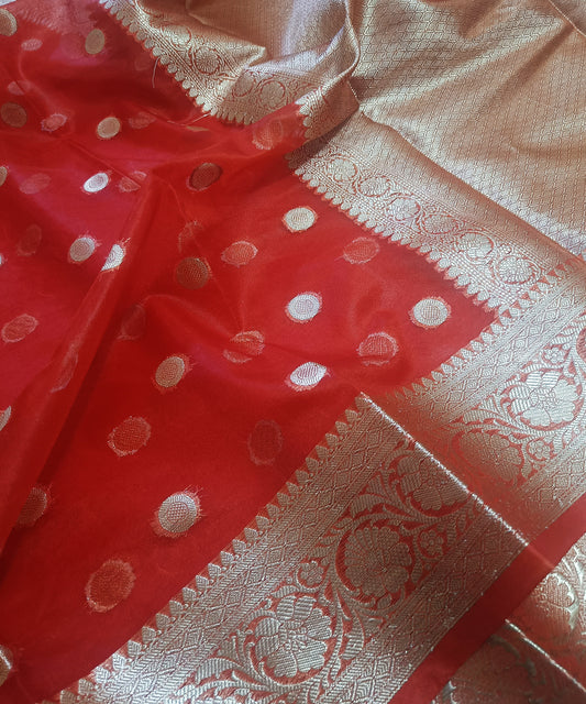 Red Banarasi Kora Silk Organza Saree